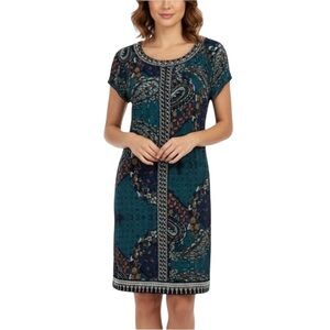 Beige by ECI Boho Beaded Scarf Print Short Sleeve Mini Dress Size 10 Multicolour
